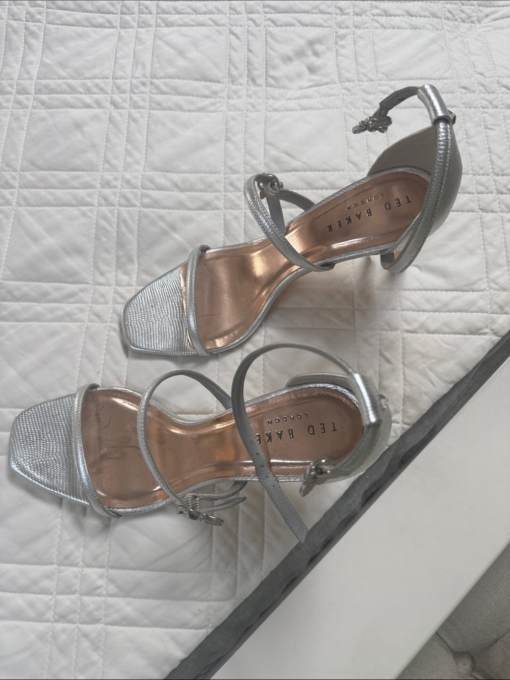 Ted Baker Metallic Silver Strappy Block Heels